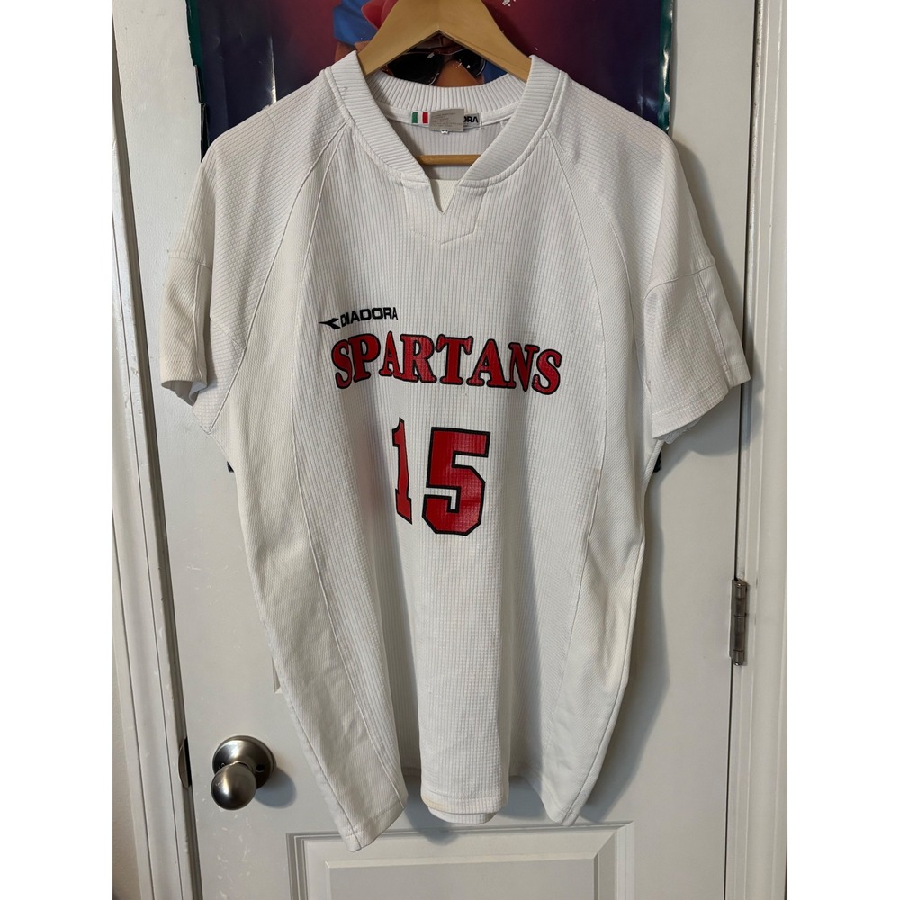 Diadora Spartans Soccer Jersey Medium White Red Number 15 Short Sleeve Shirt